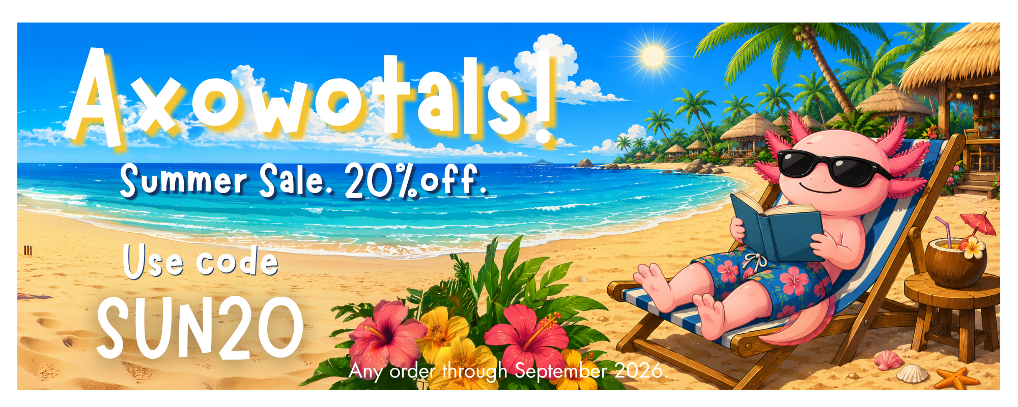 A colorful promotional banner for Axowotals Summer Sale, featuring a cartoon pink axolotl wearing sunglasses and reading a book on a beach chair on a tropical beach. The text reads 'Axowotals! Summer Sale, 20% off.