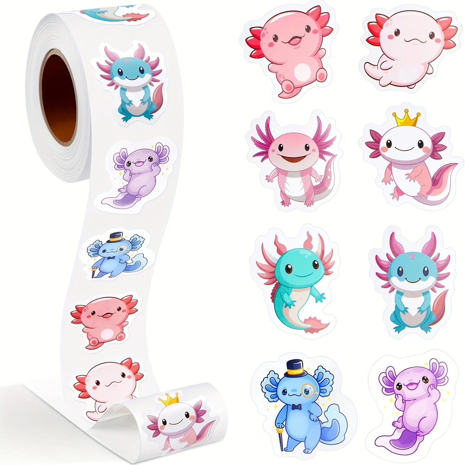 Axolotl Sticker Roll – 500 Cute Waterproof Stickers