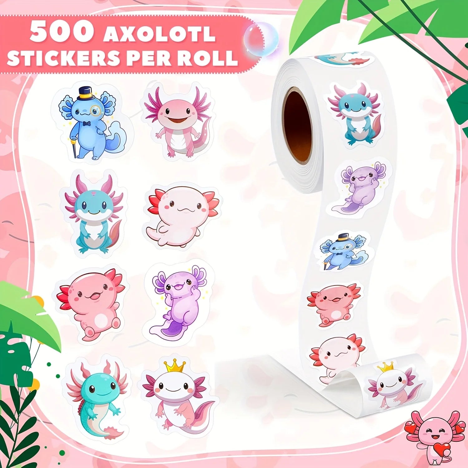 Axolotl Sticker Roll – 500 Cute Waterproof Stickers